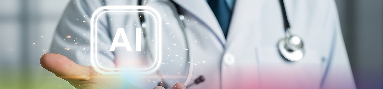 Arzt mit einem Stethoskop, das das Symbol für künstliche Intelligenz trägt